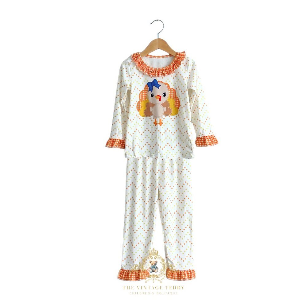 NWT Cute Girls Long Sleeve Pajamas Tops & Pants Set Turkey Orange & Yellow 6-7Y